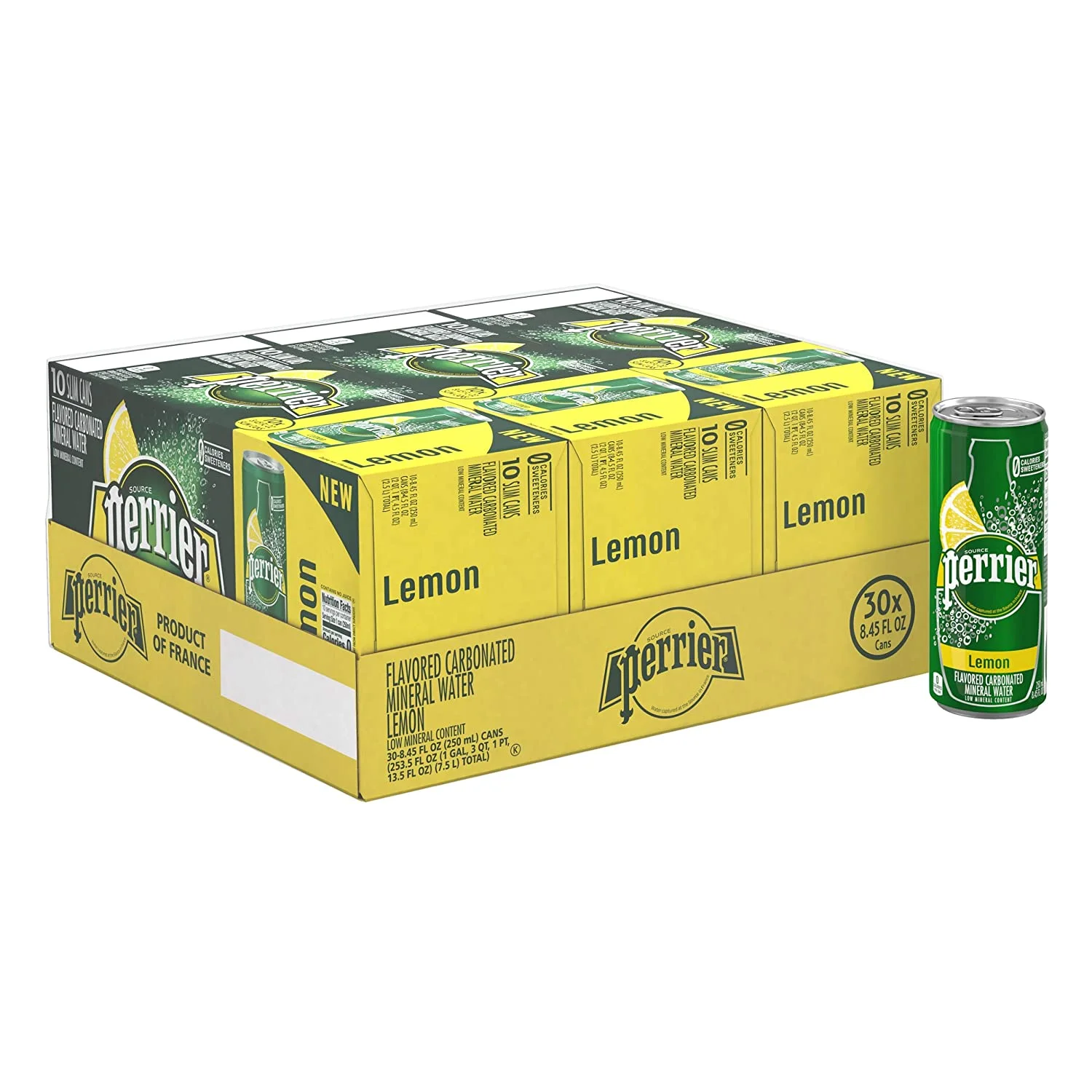 Perrier Lemon Flavored Carbonated Mineral Water, Slim Cans, 8.45 Fl Oz (30 Pack)