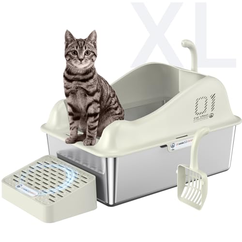 Stainless Steel Litter Box, XL Metal Litter Box with High Wall Sides, Stainless Steel Litter Box with Lid, Never Absorbs Odors, Non-Sticky, Anti-Urine Leakage-Grey
