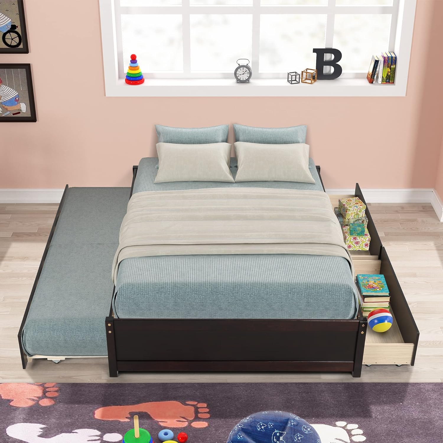 Wood Platform Bed Frame, Full Bed With Trundle And Drawers, Trundle Platform Bed Full Size, Captain Bed With Pull Out Trundle And Storage For Kids Teens And Adults Espresso