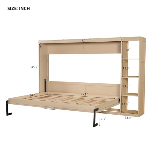Wooden Murphy Cabinet Bed Frame with Charging Station, Full-Size Foldable Wall Bed with Large Storage Drawer for Home Apartment Limited Living Places, Space-Saving Hidden Bed No Box Spring Needed