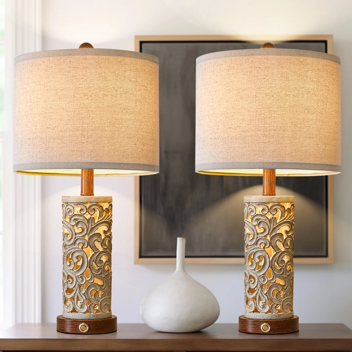 Oneach Rustic Table Lamp Set of 2 for Living Room Bedroom 3 Way Dimmable 22