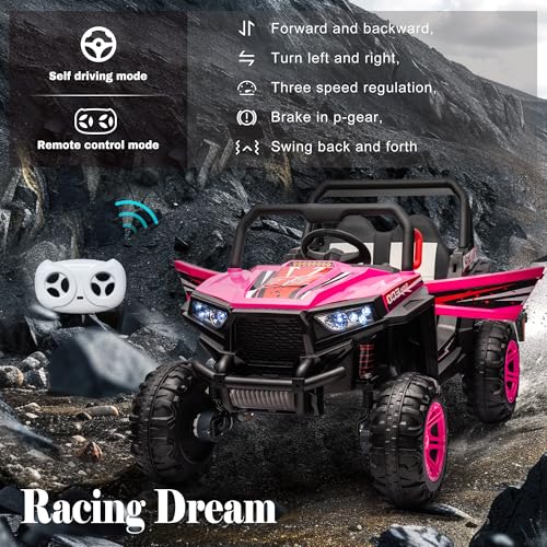 24V Ride on Car Kids Side by Side with Remote Control, 2 Seater 4WD Kids UTV Off-Road Power Wheels,Battery Powered Kids Cars to Drive w/ 4x100W Engine,3 Speeds,Bluetooth,LED Lights (Pink)