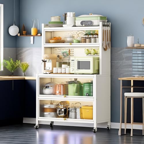 5 Tier Kitchen Baker's Rack with Storage Cabinet, 65 Inches Standing Microwave Stand Storage Rack with Flip Door, Kitchen Hutch Pantry with Metal Pegboard for Home, Office, Garage (Black)