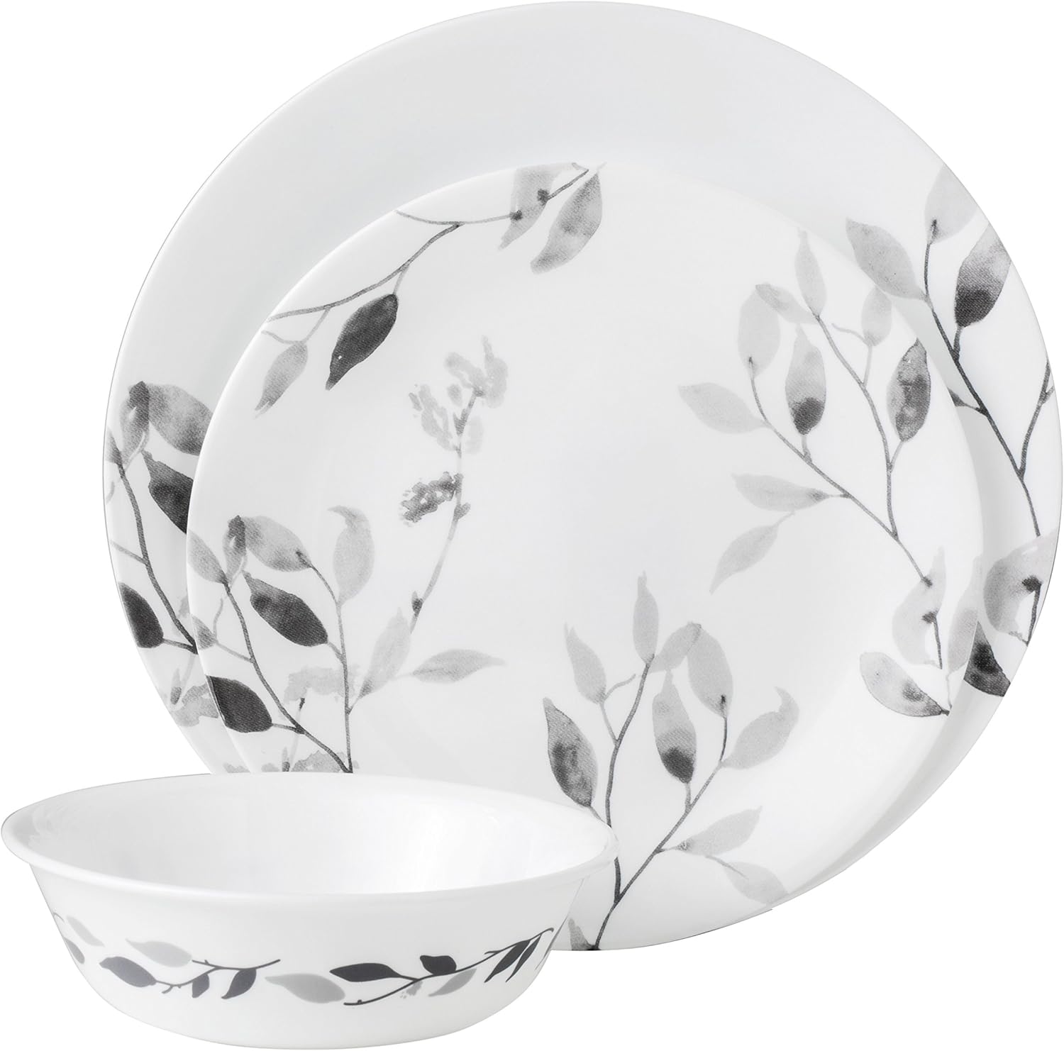Corelle 12-Piece Vitrelle Misty Leaves Chip and Break Resistant Dinner Set, Grey