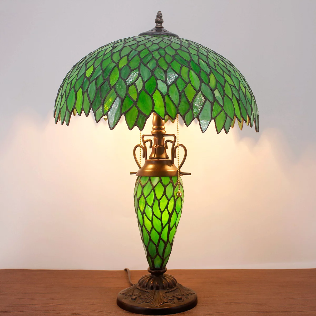 Tiffany Style Table Lamp W16H24 Inch Tall Green Stained Glass Wisteria Lampshade Antique Night Light Base S523  LAMPS Lover Living Room Bedroom Office Study Reading Desk Nightstand Art Gifts