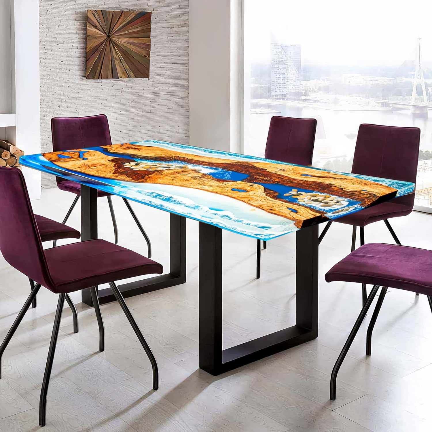 Hand Made Epoxy Resin Room Table for Home Office Living, Craft River Natural Edge Wood end Table, Blue Resin Dining Table for 2, 4, 6 Wood River Dining Table Top Large Tabletop