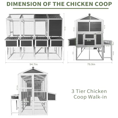 95''X80''X83'' Wooden Chicken Coop with Run – 3-Tier Walk-in Poultry House for 8-10 Chickens, Nesting Boxes, Pull-Out Trays & Rainproof Cedar Design – Gray Outdoor Backyard Cage