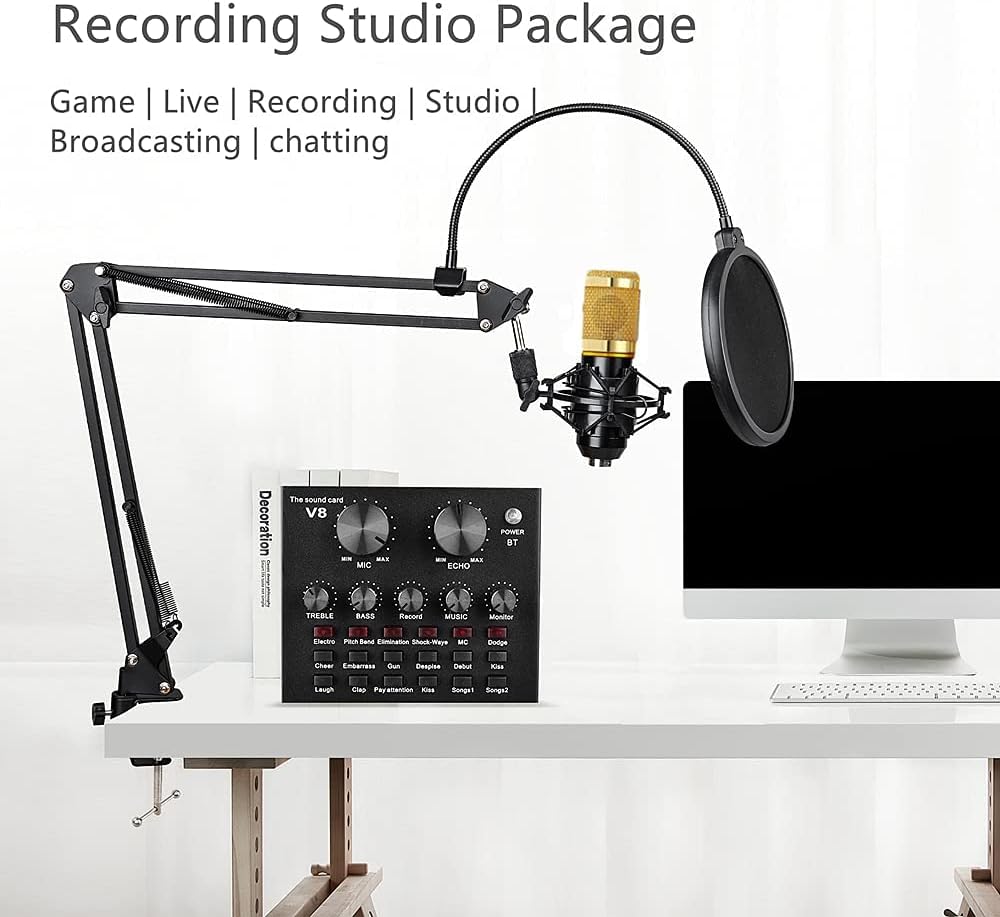 Podcast Equipment Bundle, BM-800 Recording Studio Package with Voice Changer, Live Sound Card - Audio Interface for Laptop Computer Vlog Living Broadcast Live Streaming YouTube TikTok (AM100-V8) Pack of 2