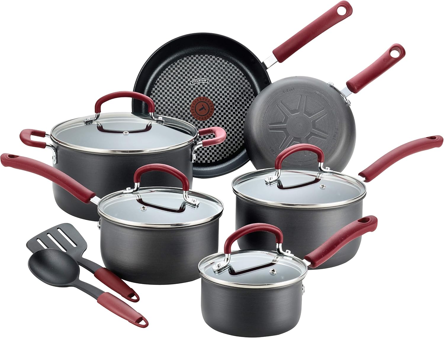 T-fal C561SC Titanium Advanced Nonstick Thermo-Spot Heat Indicator Dishwasher Safe Cookware Set, 12-Piece, Black