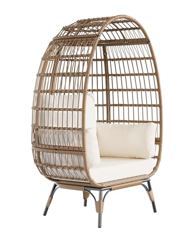 Oversized Wicker Egg Chair Outdoor, Patio Lounge Chair with Ultra Luxury Cushions & Steel Frame, 350LBs Capacity Egg Chair Indoor Outdoor for Balcony, Patio, Living Room, Black