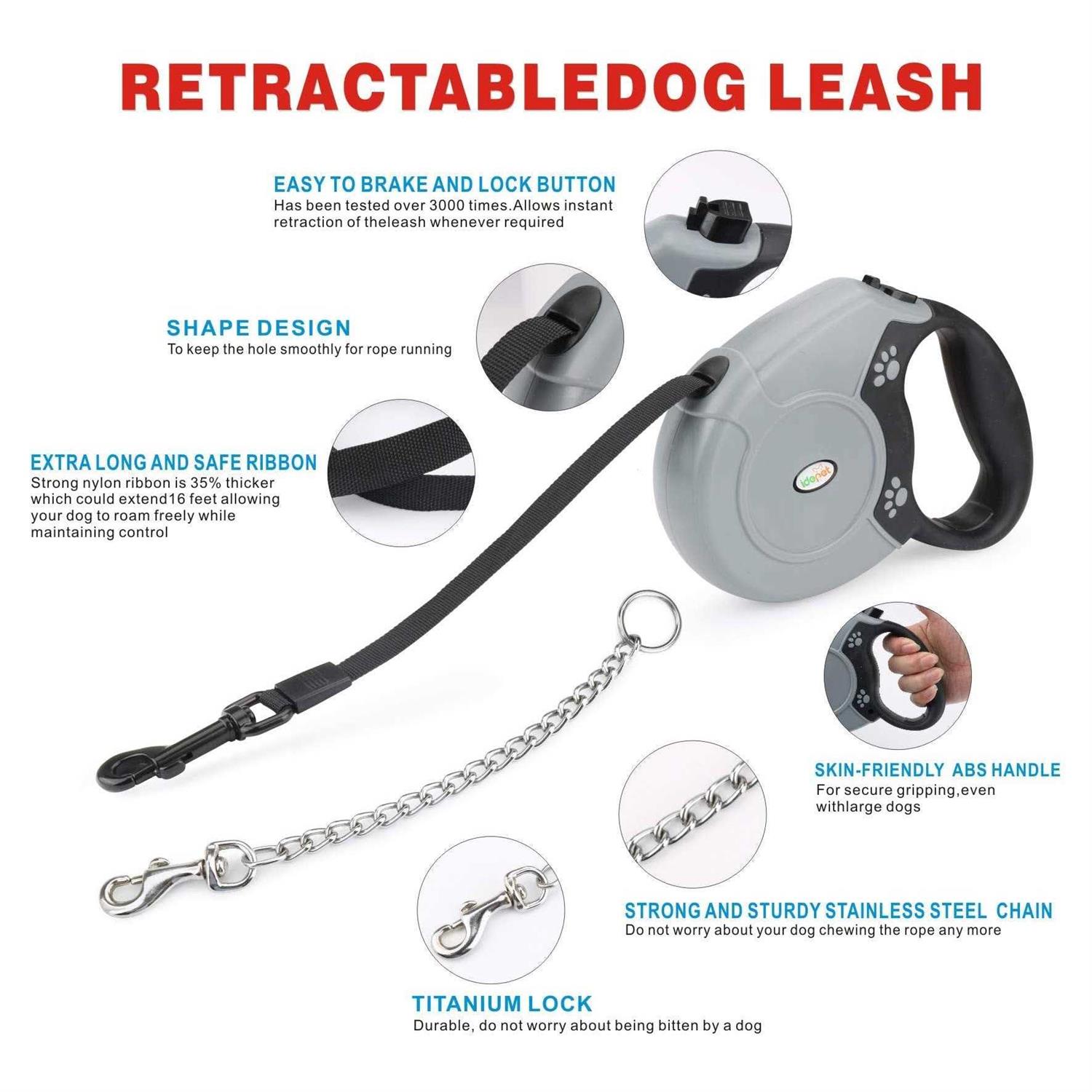 Idepet Heavy Duty Retractable Dog Leash for Small and Medium Dogs, Anti-Chewing Steel Chain 360 Degree Tangle-Free,Break and Lock System,16ft Leash - Pet Supplies online store