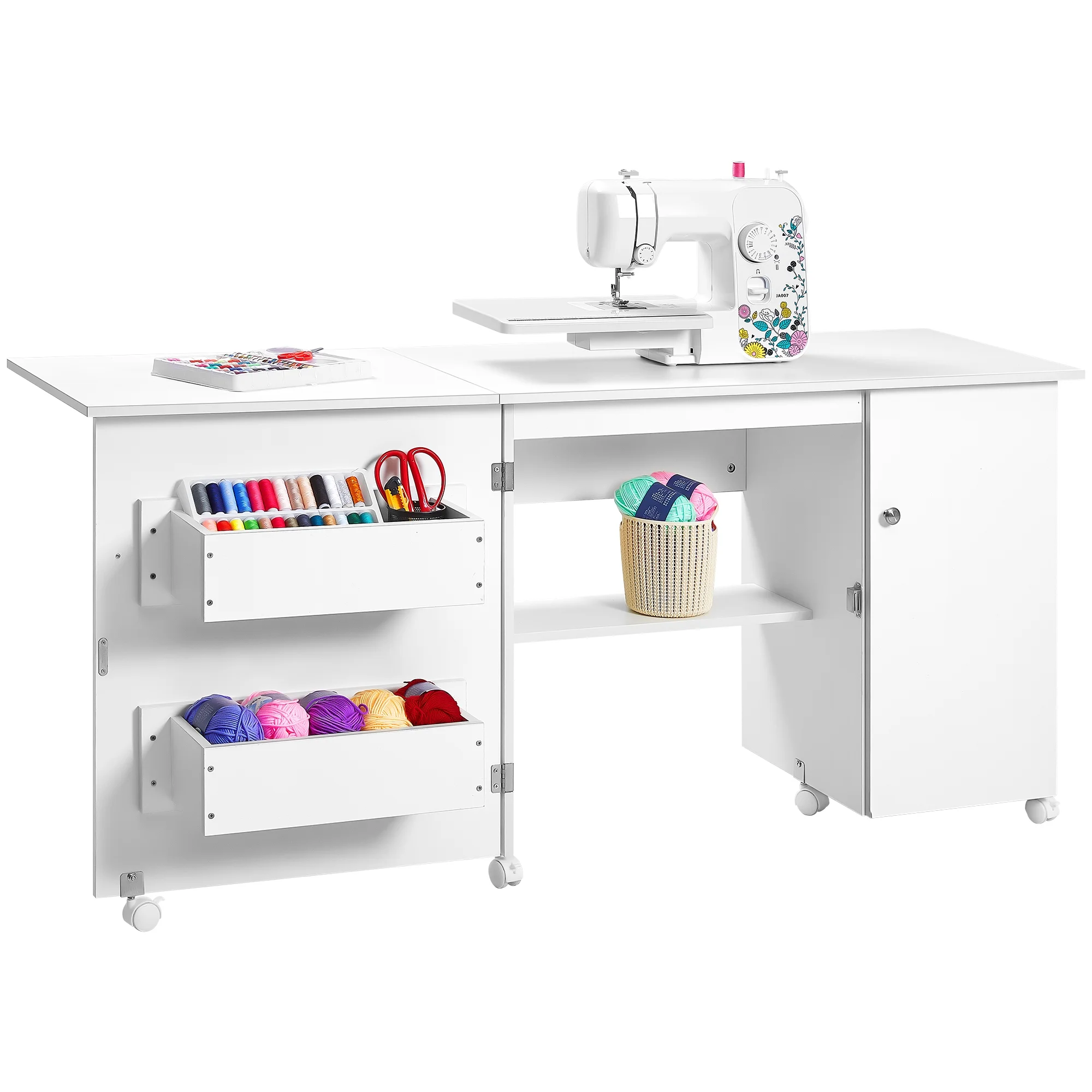 Homfa Folding Sewing Machine Table with Cabinet, 63 Inch Multipurpose Large Sewing Craft Cart with Storage Shelves, Sewing Desk with Lockable Casters, Sturdy and Durable, White
