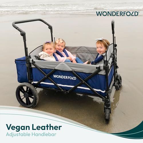 WONDERFOLD X4 Push & Pull Stroller Wagon (4 Seater) - Collapsible Wagon Stroller with Seats with 5-Point Harnesses, Adjustable Push Handle, and Sun Canopy, Navy