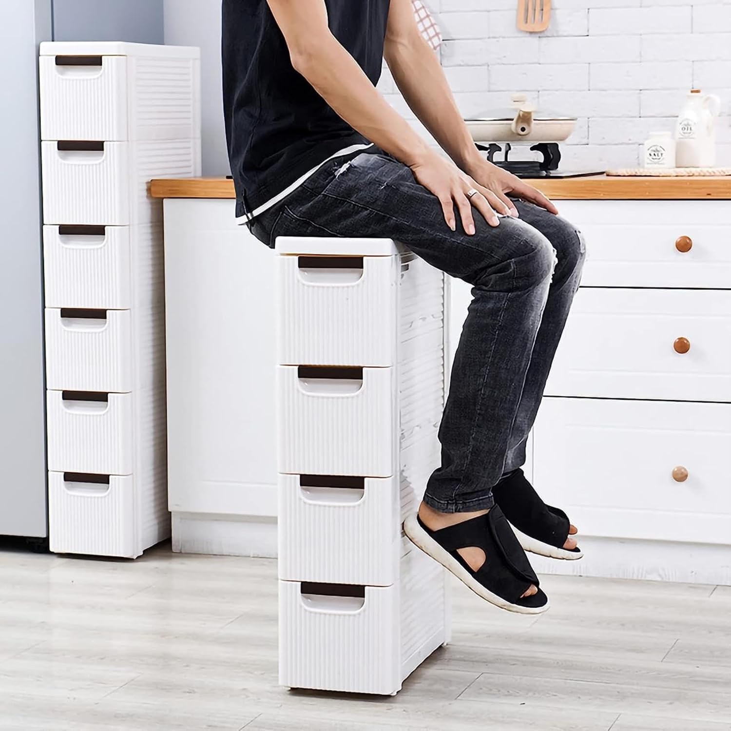 Narrow Storage Drawer Cart, Slim Bathroom Floor Cabinet with Slide Out Drawer, Storage Tower with Wheels, Plastic Storage Tower Organizer Unit for Bathroom Livng Room Kitchen Hallway Small S