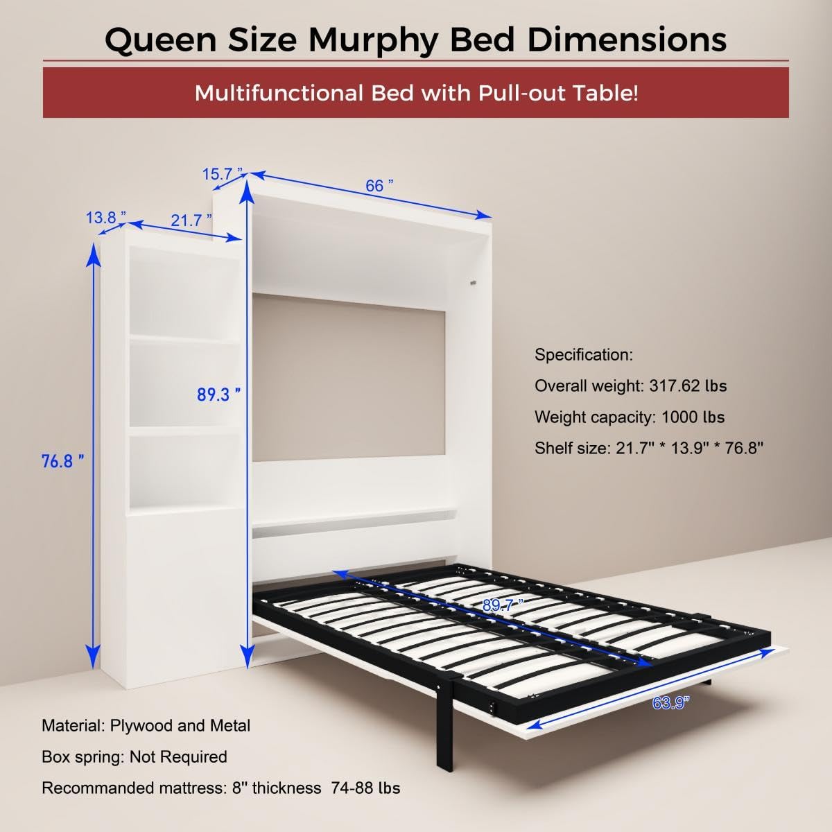 Queen Size Vertical Murphy Bed with Desk, Shelf and Drawers, Modern Folding Hidden Bed Gas Struts, Wall Bed for Bedroom or Guestroom, White