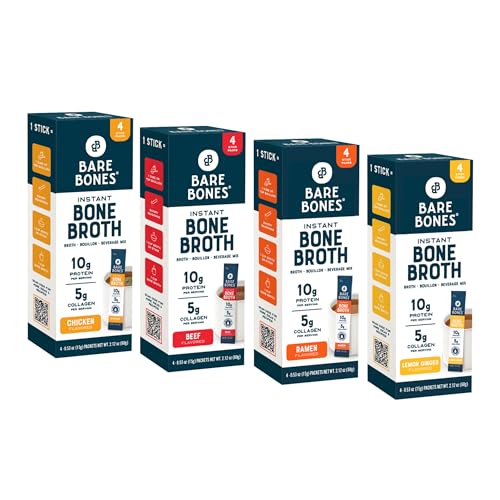 Bare Bones Bone Broth Instant Powdered Beverage Mix, Chicken & Beef, Variety Pack of 32, 16 Chicken & 16 Beef - 15g Sticks, 10g Protein, Keto & Paleo Friendly