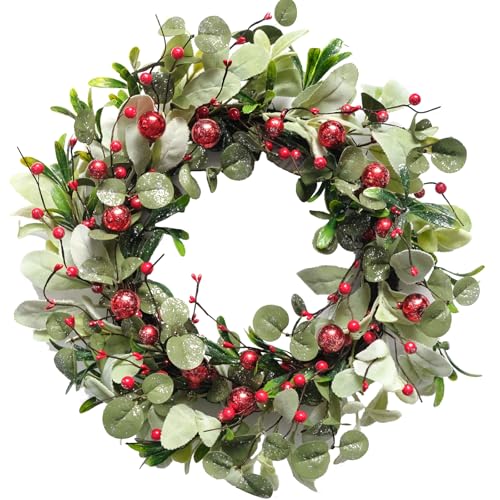 idyllic 22 Inch Artificial Christmas Wreaths for Front Door, Winter Spring Decoration Wreath with Red Berry Lamb Leaves, Evergreen Natural Wreath for Indoor Outdoor Farmhouse Festival Home Decor