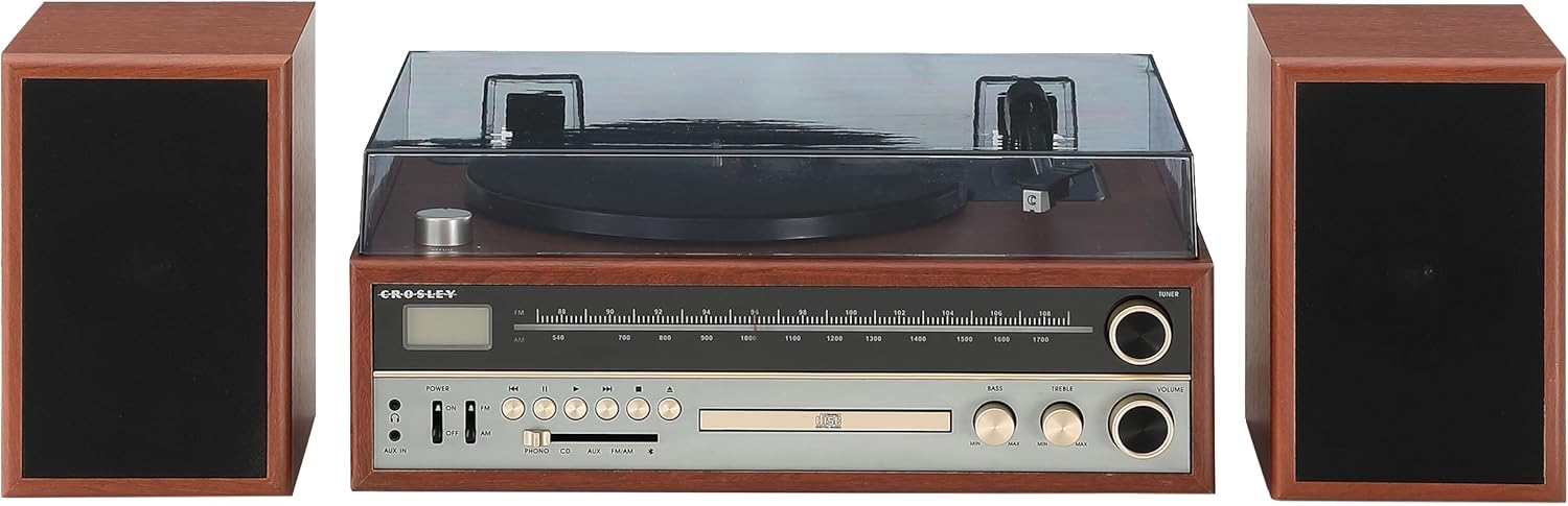 Crosley 1975T Turntable System with Bluetooth, CD, AM/FM and Included Speakers, Walnut