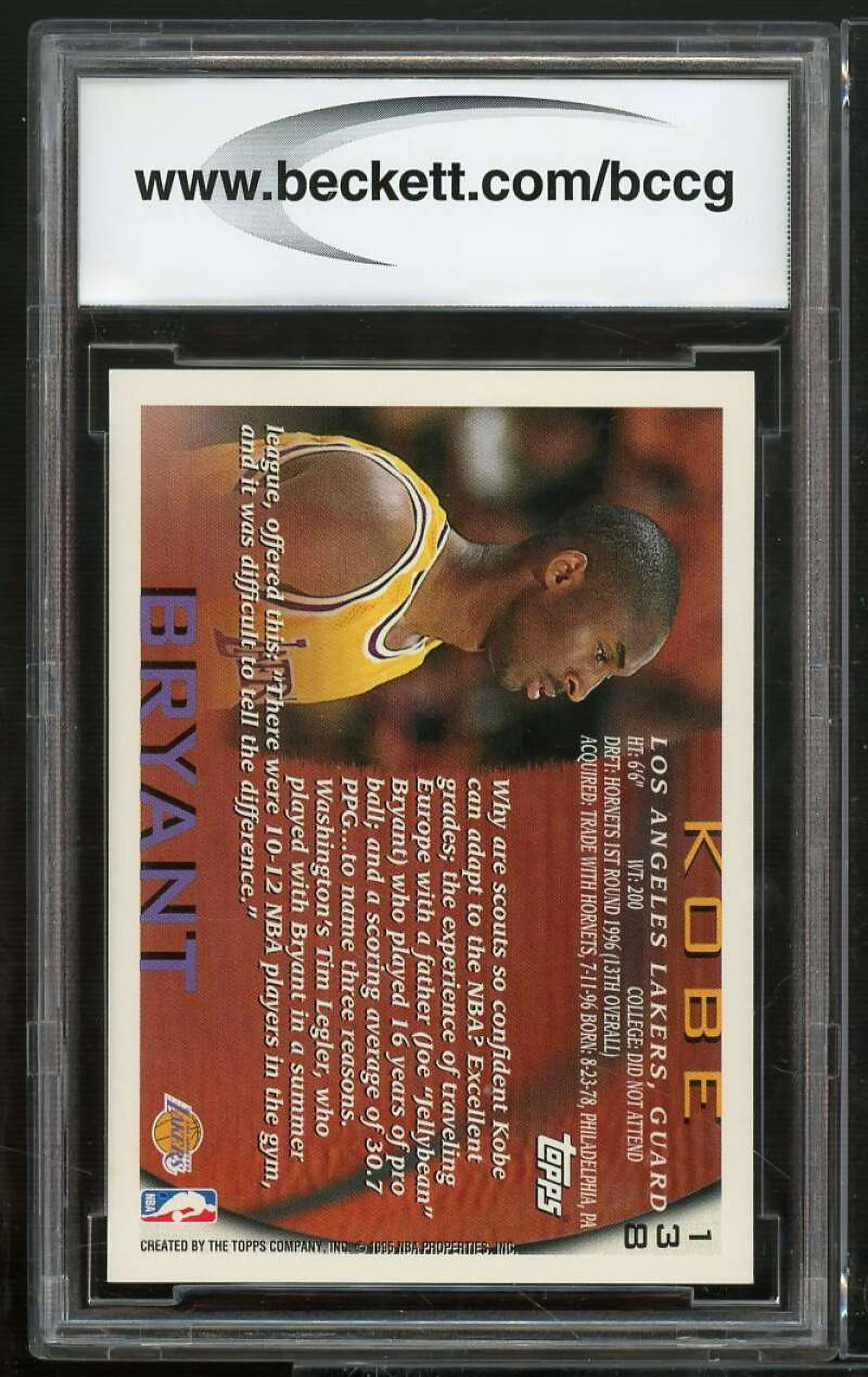 1996-97 Topps #138 Kobe Bryant Rookie Card BGS BCCG 10 Mint+