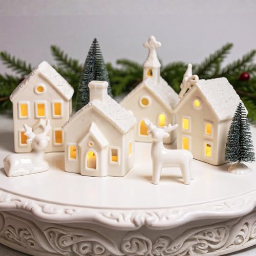 Christmas Decorations Indoor - 9 Piece Christmas Village Sets with 4 Remote Control Lighted Ceramic Houses, 2 Trees, 2 Deer & Santa - Neutral White Farmhouse Holiday Decor for Home Table Room(White)