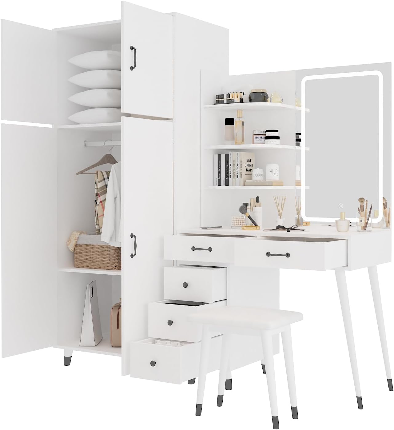 Makeup Vanity Table and Large Armoire Wardrobe Set, Dressing Table with LED Mirror and Power Outlets and 5 Drawers, 4 Door Bedroom Closet, White