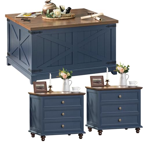 Farmhouse Coffee Table Set of 3, Furniture Set with Charging Station, Coffee Table with Hidden Storage Organizer and Nightsand 3-piece set, Country Center Table Set for Living Room,Office, Home