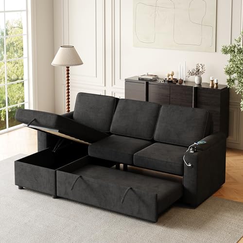 L-Shaped Sofa Couch Bed w/Chaise & Cup Holder, Convertible Sleeper Combo Sofa w/Pull Out Bed & Storage Space, 3 in 1 Fabric Pull Out Couch for Living Room, Dark Grey