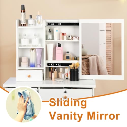Makeup Vanity Desk with Mirror, White Bedroom Dressing Table with Storage Drawer & Chair & Open Shelves &hidden Storage Space for Women Girls White