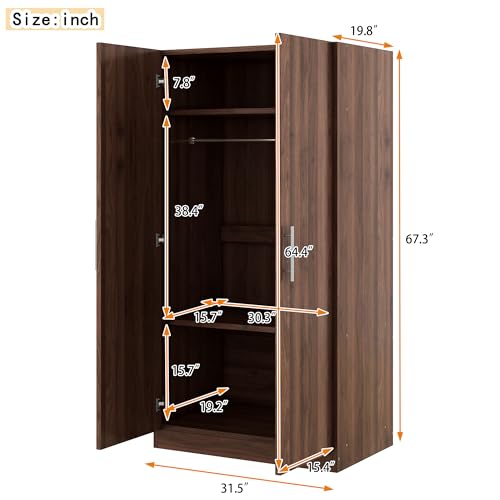 Full Size 2-Doors Wardrobe, Wooden Armoire Closet with 3-Shelves and Hanging Rail for Bedroom, Laundry Room, (Brown, One Size)