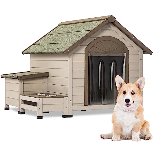 Outdoor Wooden Dog House,Waterproof Kennel with Deck and Sloped Roof,High Stability Pet Dog Cage for Small/Medium Puppy,Easy to Assemble Moisture-Proof and Breathable Pet Shelter,Gray