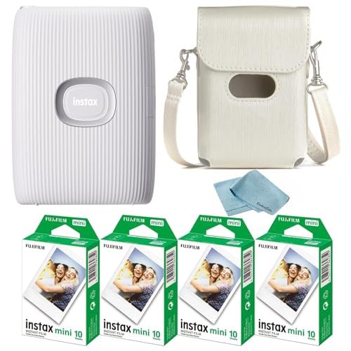 Fujifilm Instant Mini Link 2 Smartphone Printer + Fuji Instant Mini Film (40 Sheets) - BluebirdSales Carrying Case and Microfiber Cleaning Cloth, Instant Mini Link Printer Bundle (Ash White)