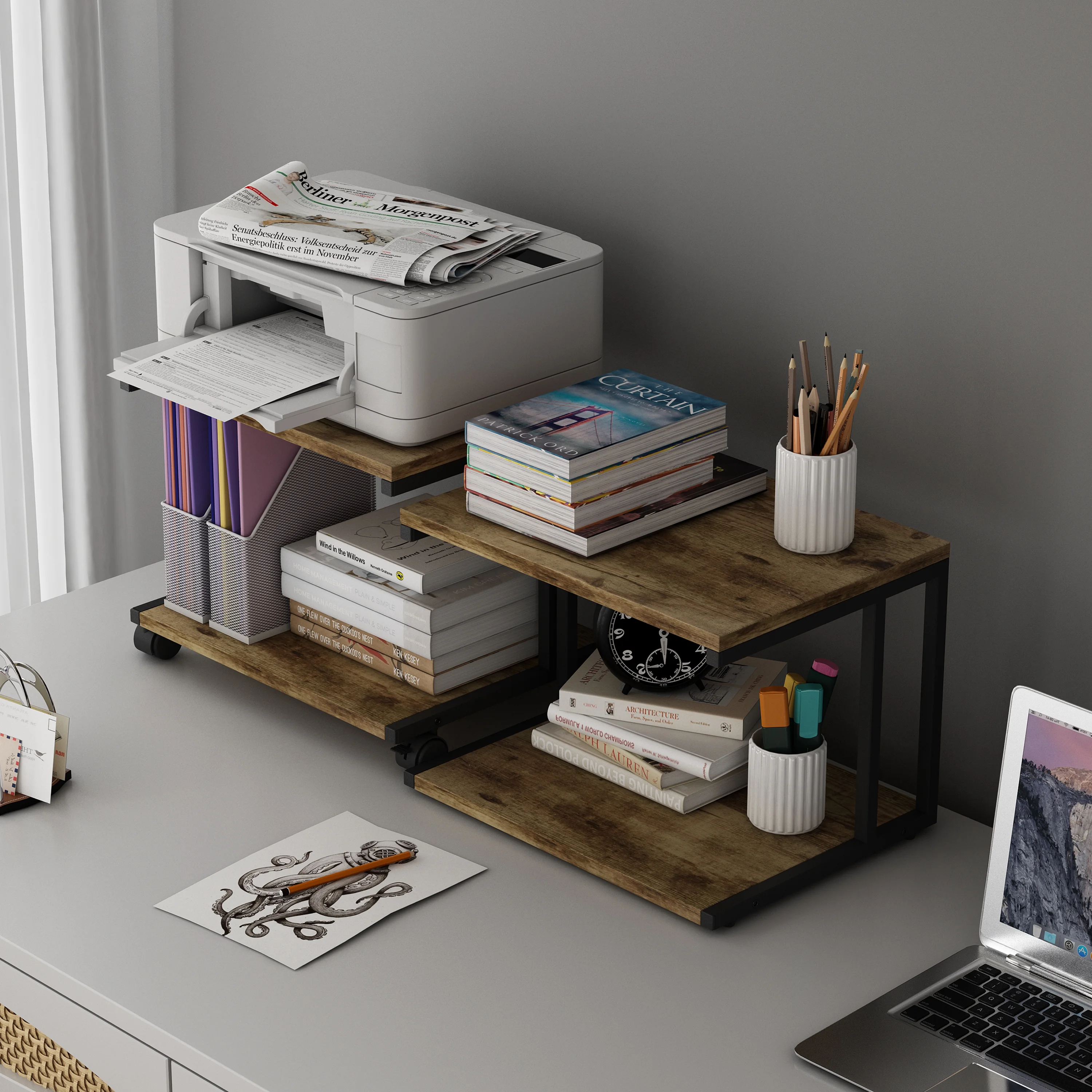 2PCS Printer Stand,Printer Desk with 4 Wheels & Lock,Desktop Stand for Printer, Printer Stand with Storage