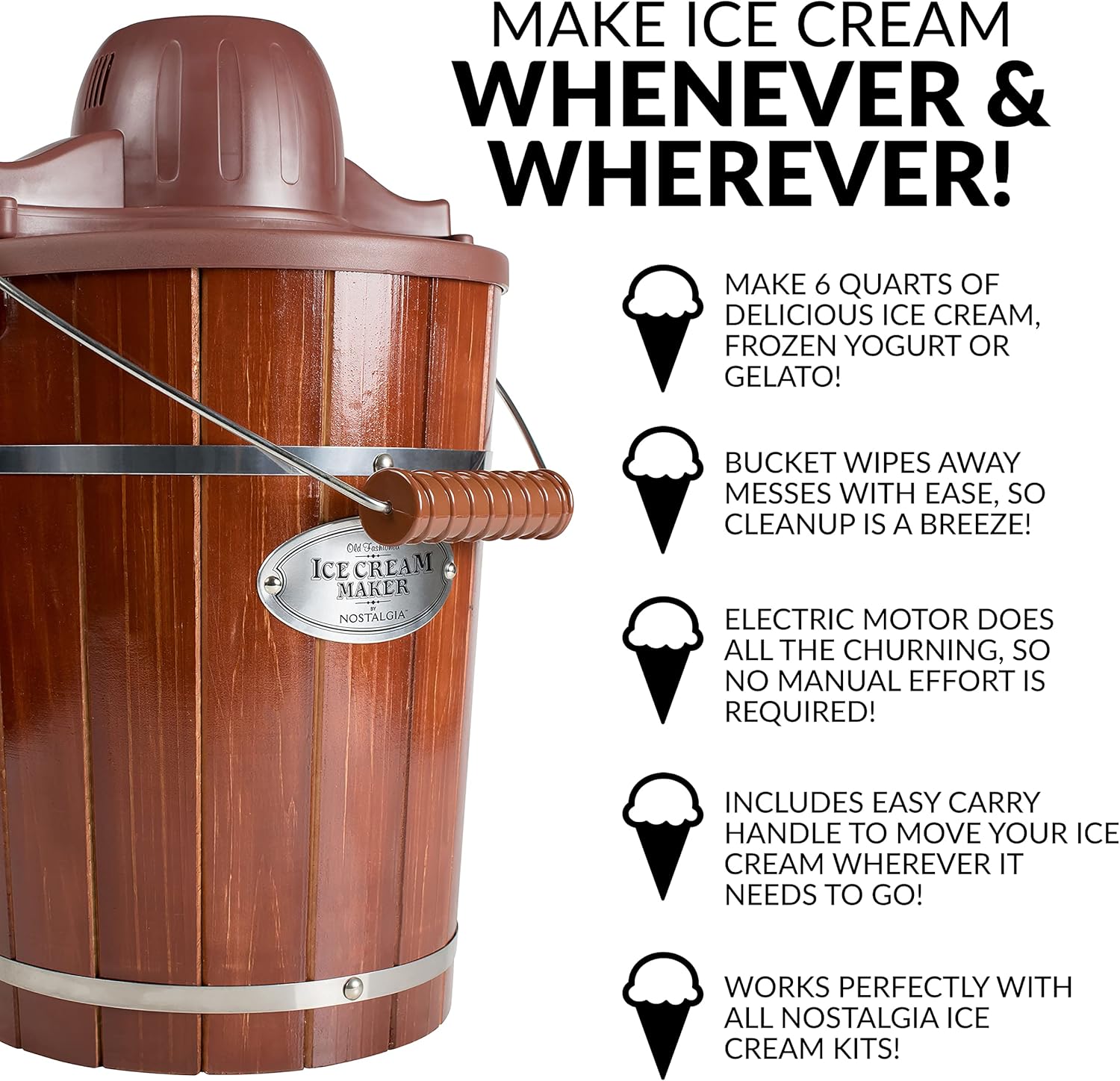 Nostalgia Electric Ice Cream Maker - Old Fashioned Soft Serve Ice Cream Machine Makes Frozen Yogurt or Gelato in Minutes - Fun Kitchen Appliance - Vintage Wooden Style - Dark Wood - 6 Quart