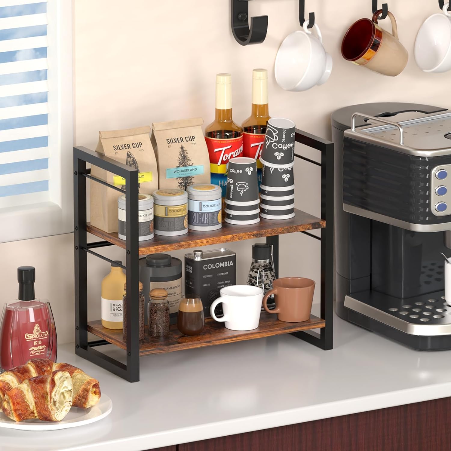 Spice Rack Kitchen Countertop Organizer, Wood Coffee Bar Accessories Counter Shelf, 2 Tier Shelf for Cabinet and Tea Station (Brown)