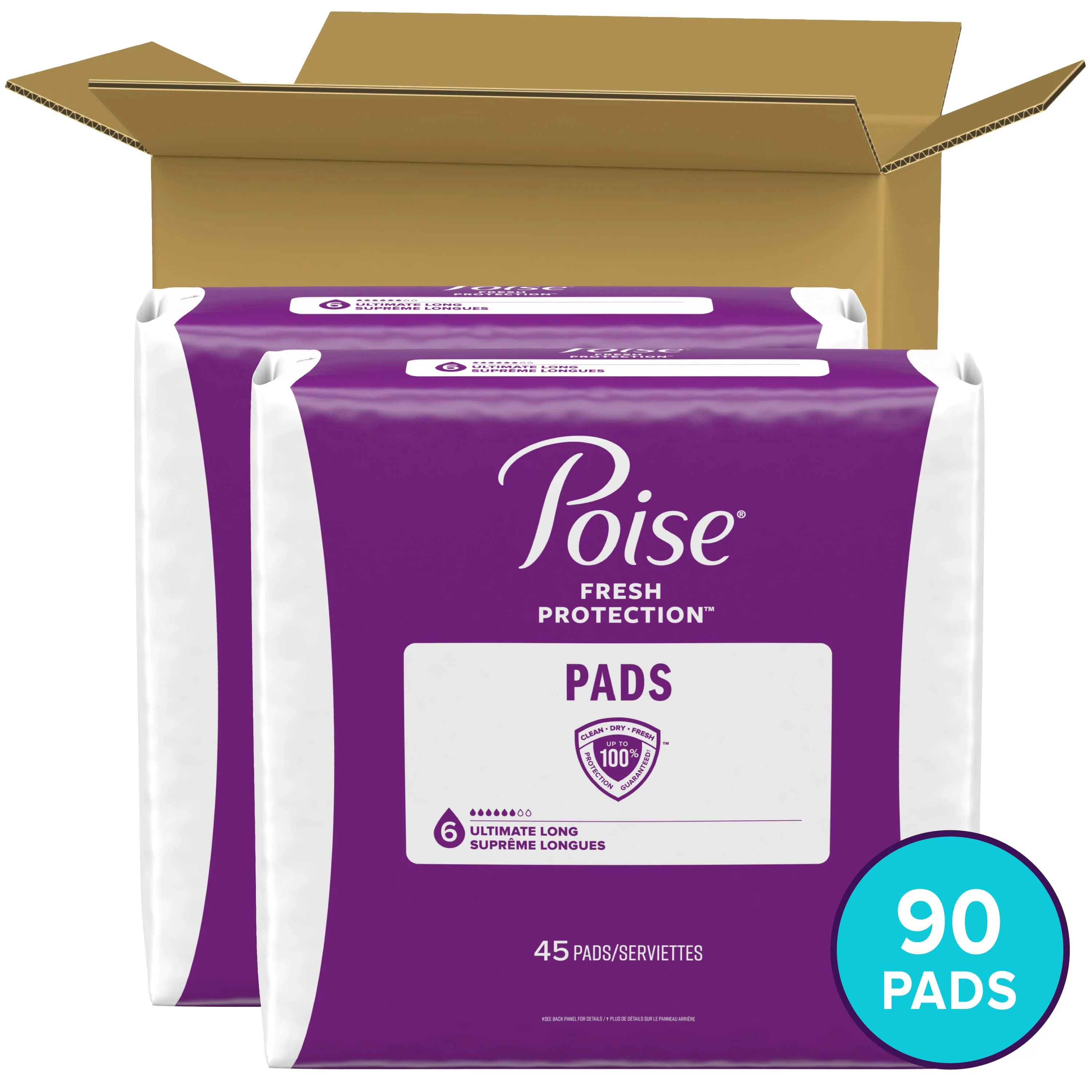 Poise Incontinence Pads for Women, 6 Drop, Ultimate Absorbency, Long, 90Ct