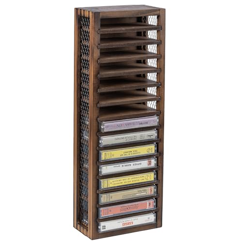 Cassette Tape Storage, Farmhouse Style Cassette Rack Tower, Single-Sided 16-Slot, Rustic Solid Burnt Wood & Diamond Metal Wire Mesh