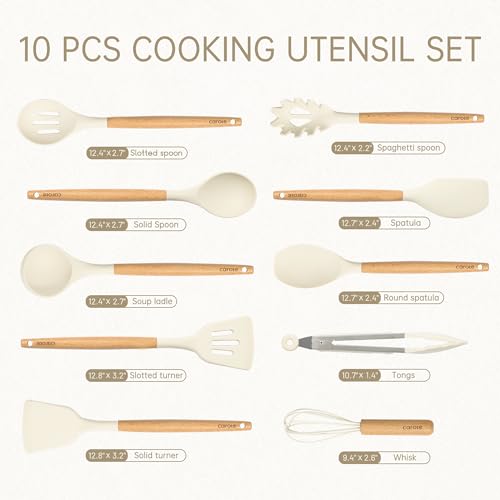 CAROTE Silicone Cooking Utensils Set for Kitchen,446°F Heat Resistant 10 pcs Non-Stick Cooking Set with Wooden Handle Spatula Turner Spoon Tongs Whisk