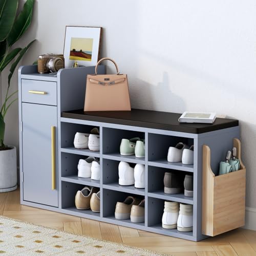 Loomie Shoe Storage Bench, 9 Cubbies Entryway Bench with Cushion & Drawer, 3-Tier Shoe Organizer Bench, Shoe Rack Bench with Cabinet, Side Holder & Adjustable Shelves for Hallway,Bedroom,Closet, White