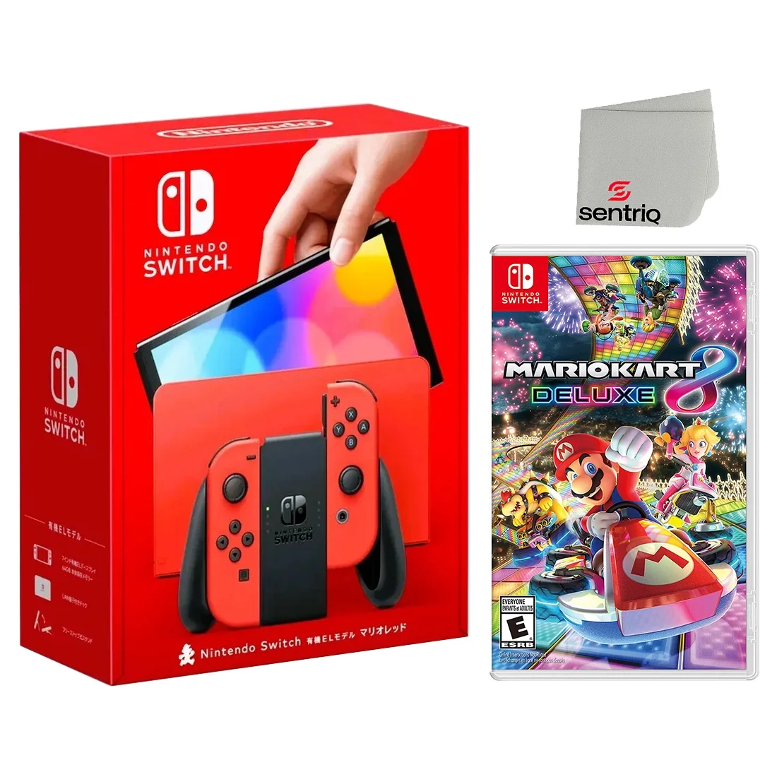 Nintendo Switch OLED Mario Red Edition + Mario Kart 8 Deluxe + Sentriq Screen Cleaning Cloth Bundle - Japan Import with US Plug - Curated Treasures Market