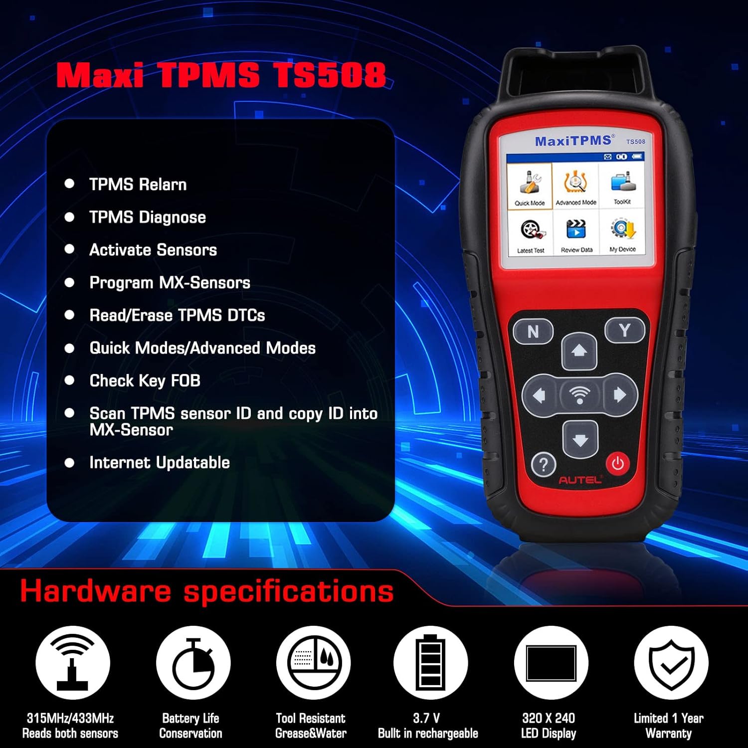 Autel MaxiTPMS TS508 TPMS Relearn Tool-2022 Activate/Relearn All Sensors, Read/Clear DTCs, TPMS Reset/Diagnosis, 4 Modes to Program MX-Sersors (315/433MHz), Upgrade of TS501/TS408/TS401