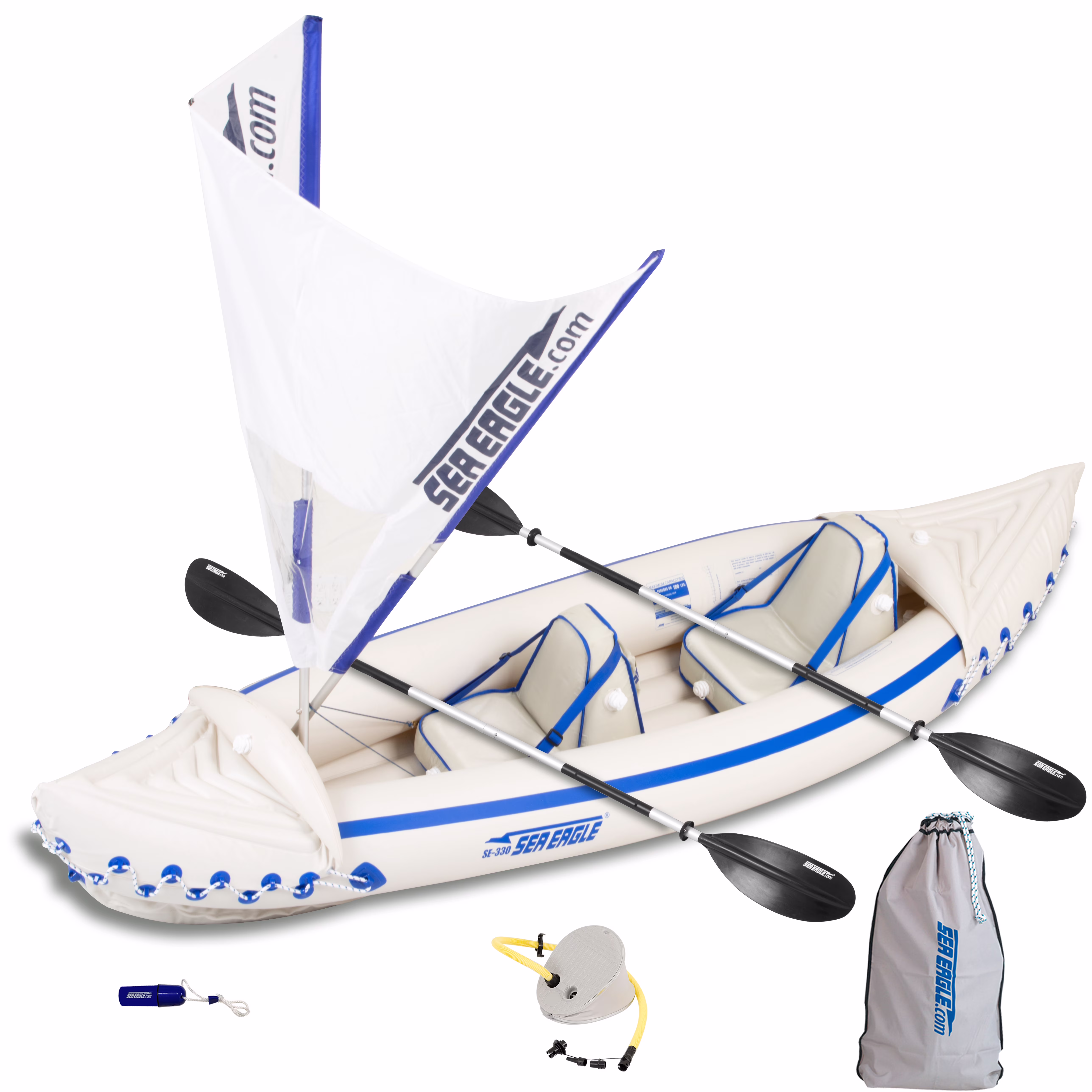 Sea Eagle SE330 Two Person Inflatable Sport Kayak Boat with Seats, Paddles, Bag and Pump-Affordable-Lightweight-Portable- QuikSail Package