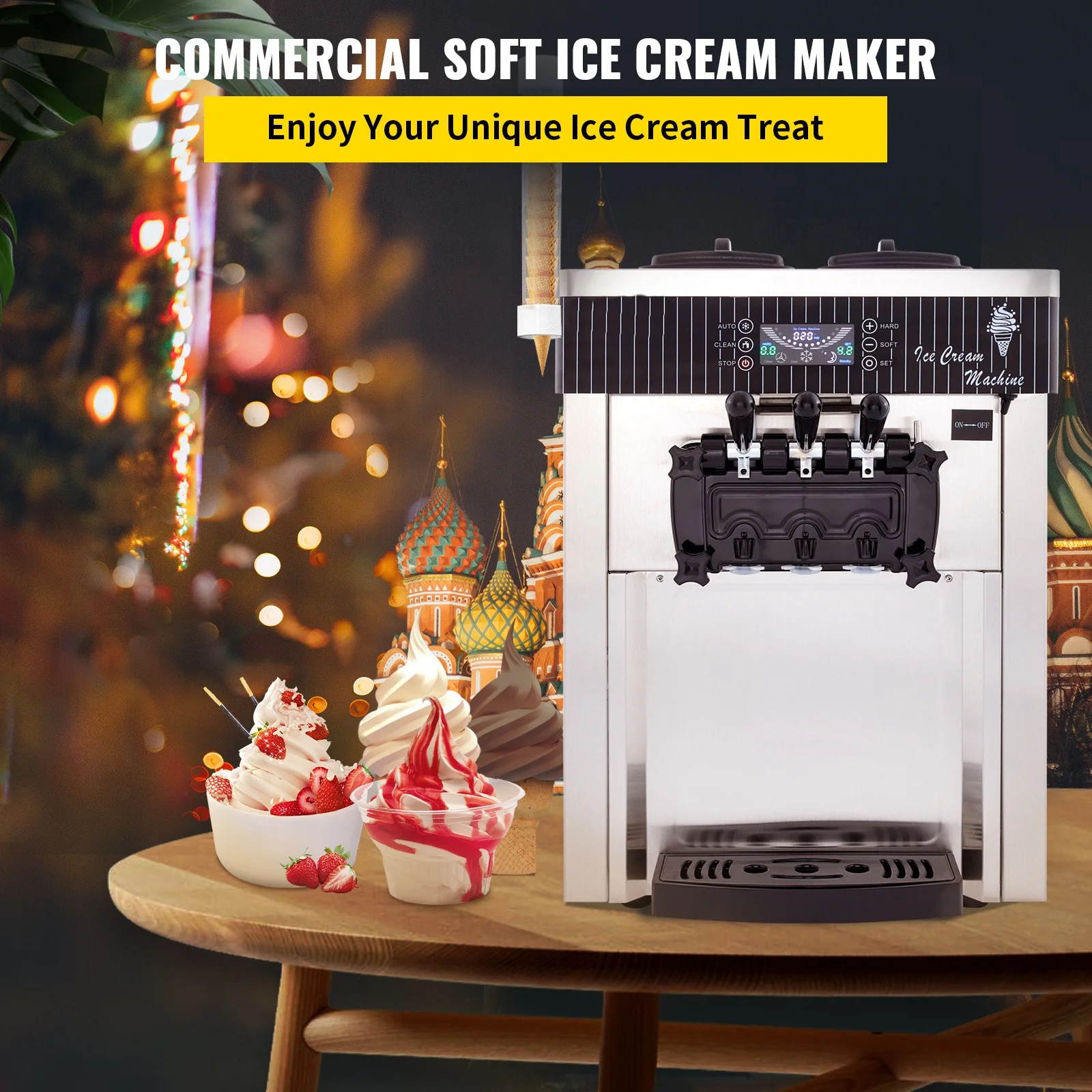 BENTISM Commercial Ice Cream Machine 20-28L/H Soft Serve with LED Display Auto Clean 3 Flavors 2200W, Silver