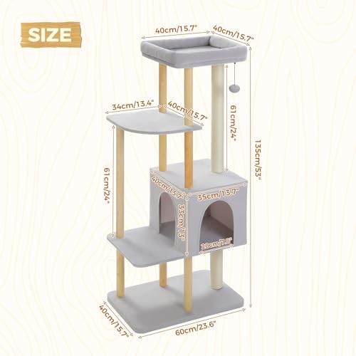 PAWZ Road Large Cat Tree, 53 Inches Modern Wooden Cat Tower for Indoor Large Cats, Multi-Level Cat Condos with Long Scratching Posts and Scraping Columns-Beige