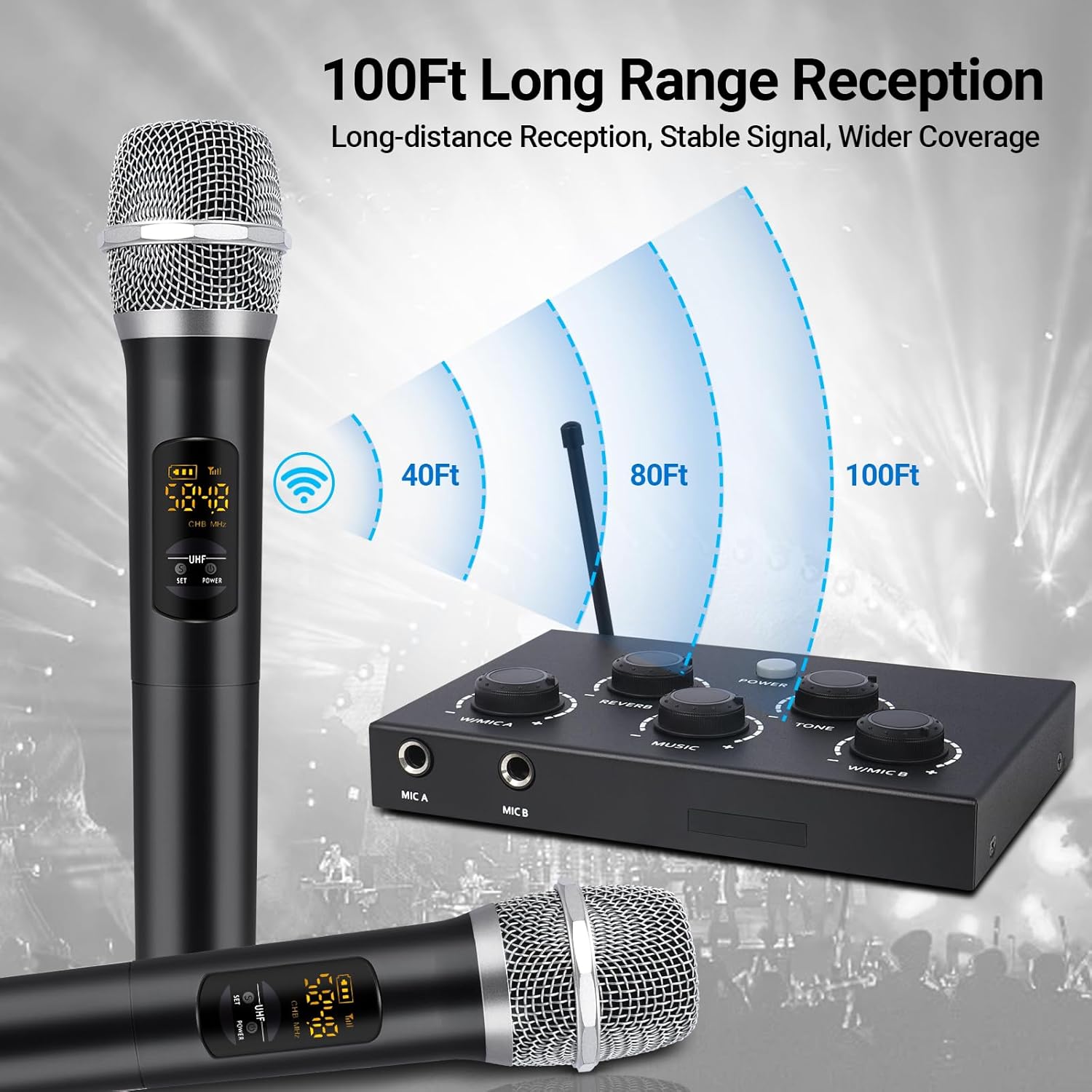 Karaoke Microphone Wireless System, Portable Karaoke Microphone Mixer System with 16 Channels UHF Wireless Microphone, Optical AUX Microphone Speaker for Smart TV, PC, Amplifier, Speaker, KTV