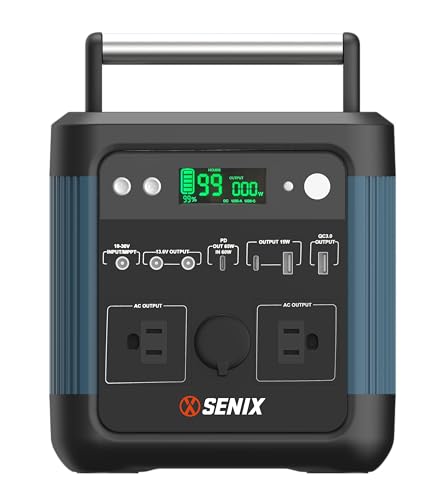 SENIX Portable Power Station 518Wh Lithium Battery, 2 120V 600W (1200W Peak) Pure Sine Wave AC Outlets, USB-A/C/Quick Charge Ports, Car Charger, LED Light for Camping, Travel, Emergencies (PS600)