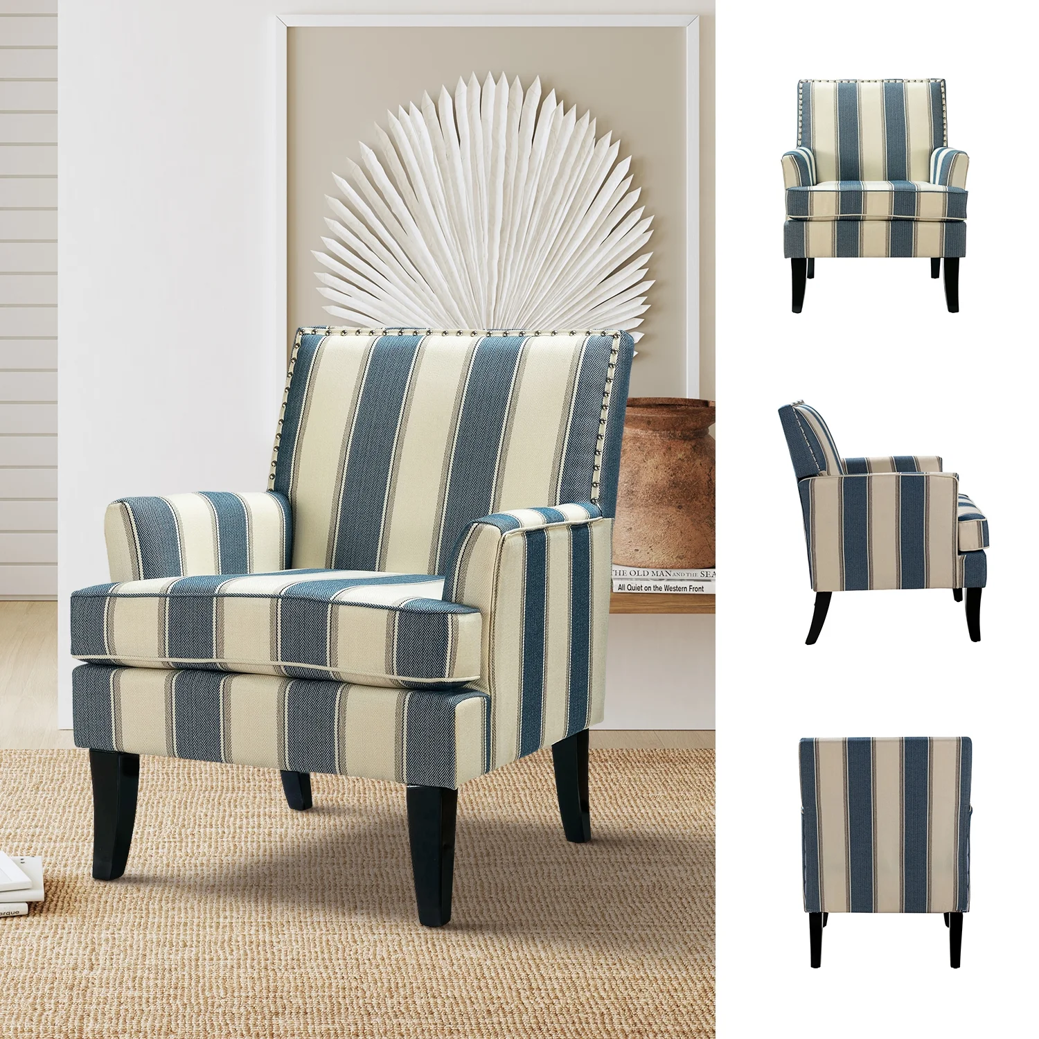 Upholstered Accent Chair, Tina's Home Armchair Nailhead Trim Wood Leg Adult Living Room Stripe Navy