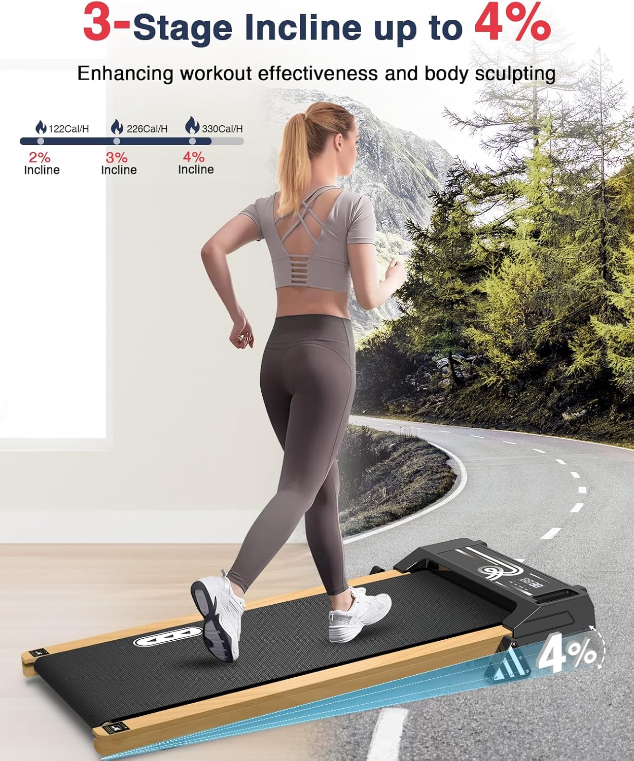 REDLIRO Wood Walking Pad with Incline - Wooden Under Desk Treadmill for Office Home - Mini Treadmills with 265lbs Capacity - Portable Compact Jogging Machine with Remote Control - Installation-Free