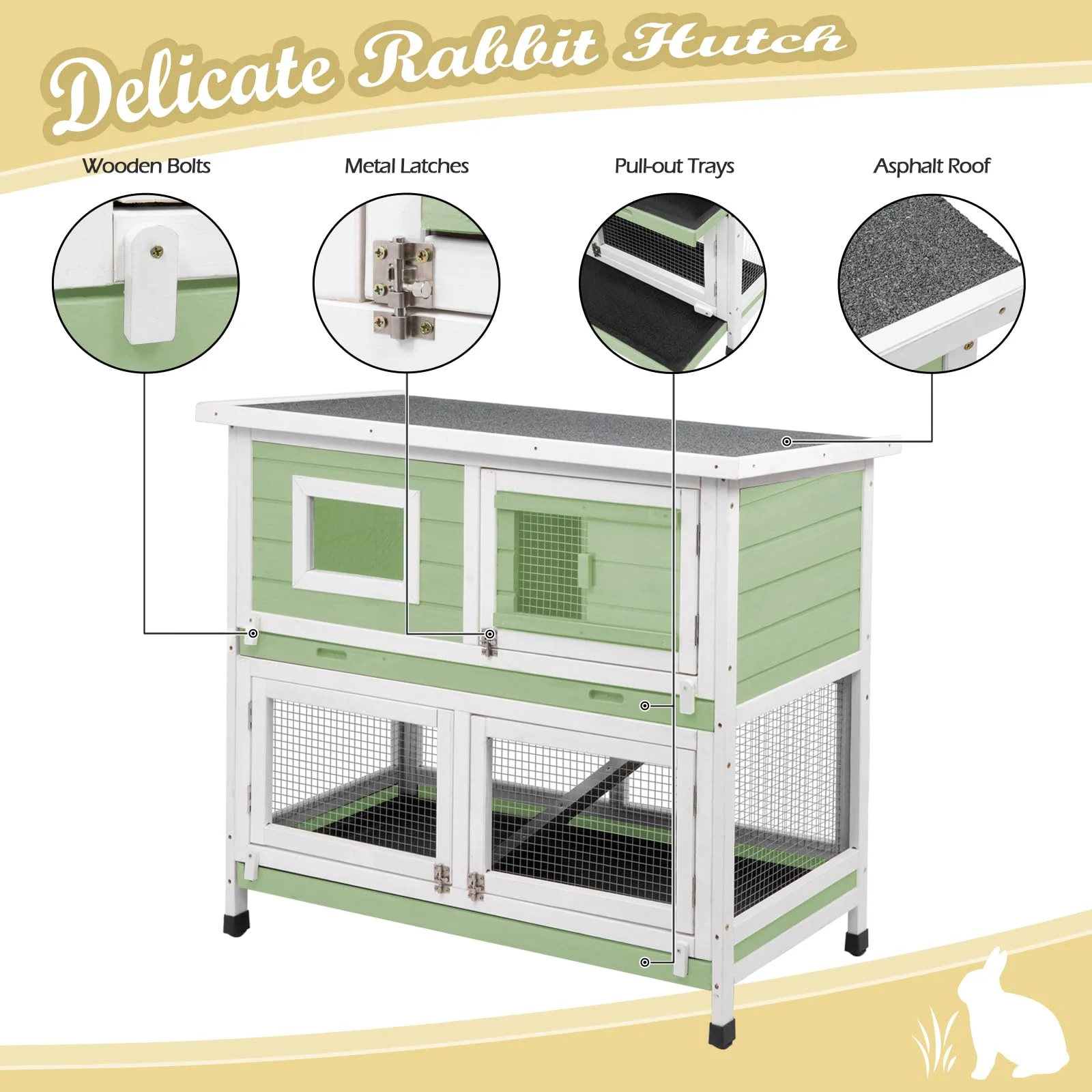 PetsCosset Rabbit Hutch Indoor&Outdoor Rabbit Cages Bunny Cage On Wheels Two Story Weatherproof Guinea Pig Cage for Small Animals with 2 Deeper No Leak Trays Asphalt Roof,Green
