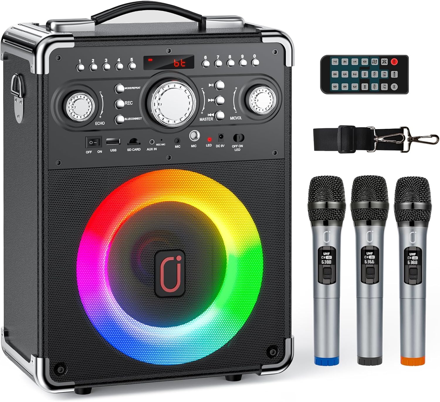 Karaoke Machine, Bluetooth Speaker with 3 Wireless Microphones, Portable PA System for Party/Adults/Kids with Disco Lights & Remote Contro, Support TWS/USB/TF Card/AUX/REC S8-T