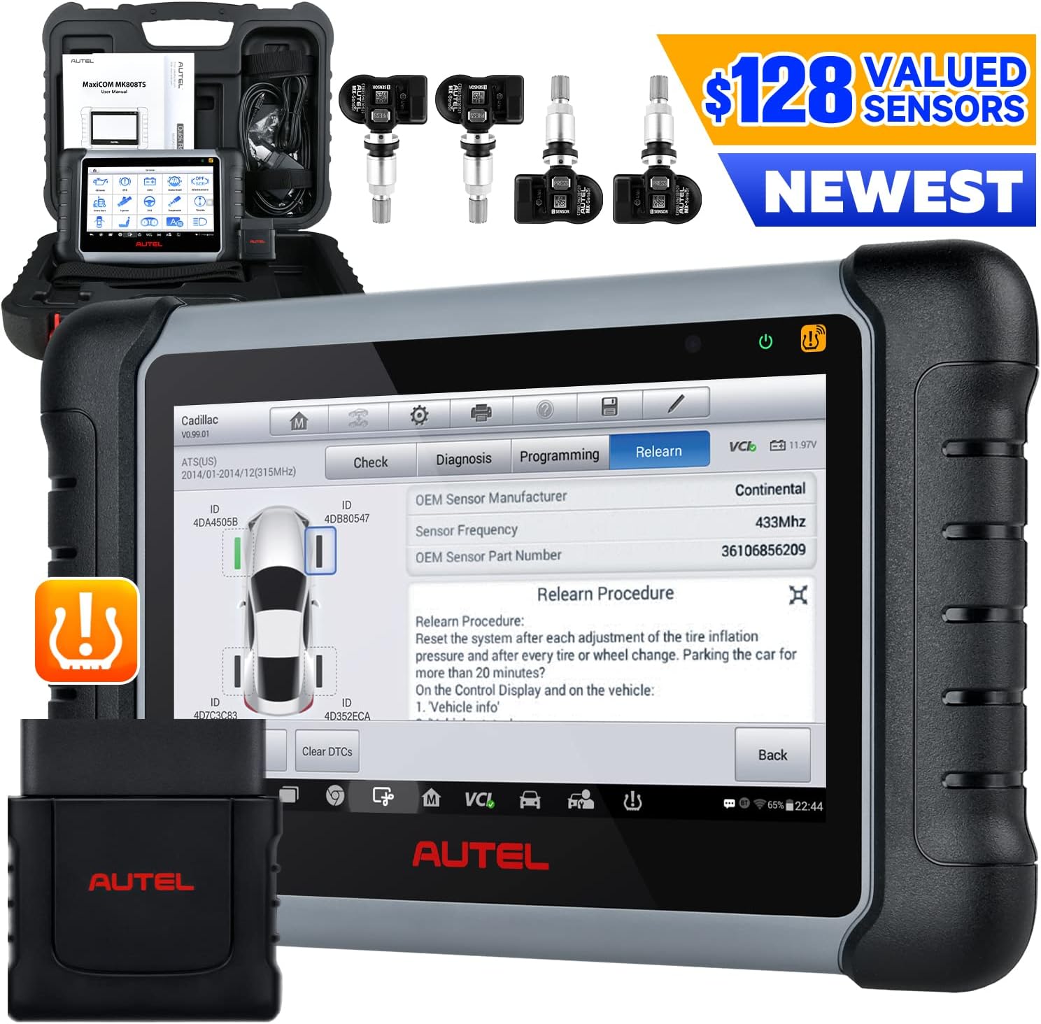 Autel MaxiCOM MK808TS Pro Scanner, [$128 Valued] 4PCS of 2in1 315/ 433Mhz Sensors, 2022 Updated from MK808TS MX808TS MK808BT MK808 Diagnostic Scan Tool, TPMS Program/ Retrofit/ Relearn, 28+ Services